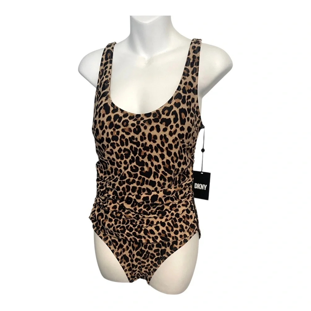 DKNY NEW Animal-Print Ruched One-Piece Swimsuit Mesh Sides Size 10 NWT $98 MSRP - Picture 10 of 15